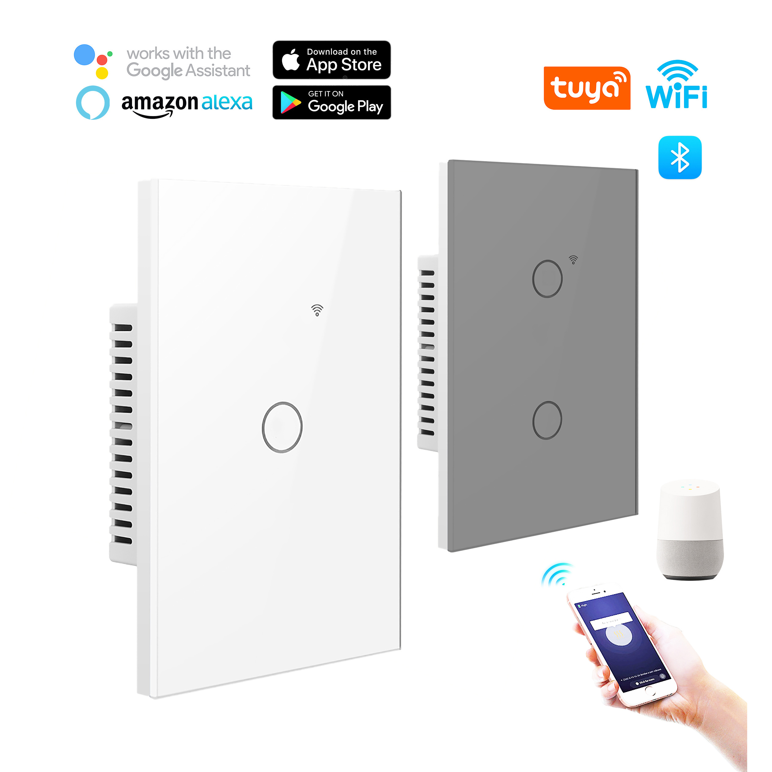 US Standard Tuya Smart WiFi Glass Panel 1/2/3/4 Gang Wall Light Alexa Remote Control Smart Touch Switch