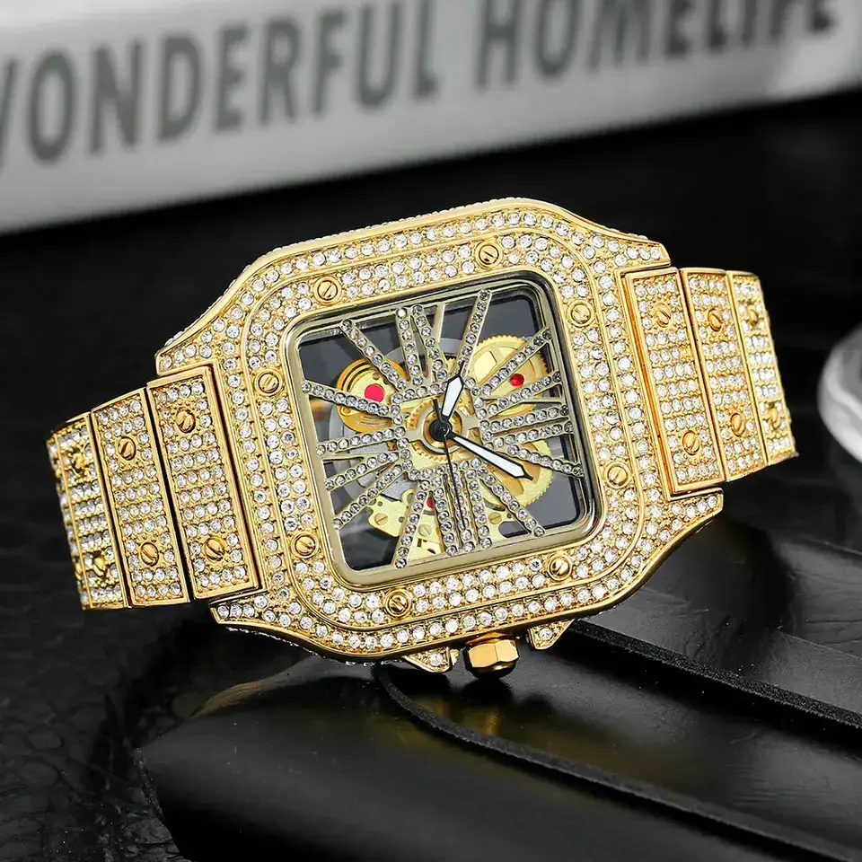 Best selling Top Brand Luxury Bling Caier skeleton watch Men mechanical Hip Hop Gold Full Diamond Caier custom Iced Out Watch