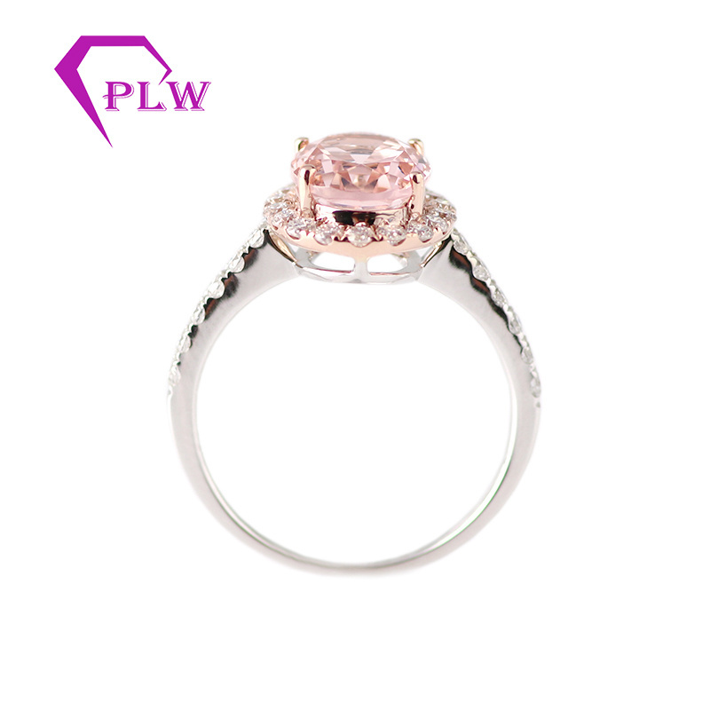 Provence gems 14k rose gold and white gold 7x9mm oval morganite halo ring with moissanite accents stones on band