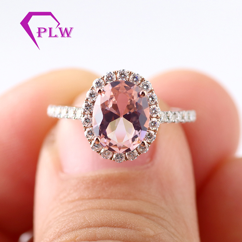 Provence gems 14k rose gold and white gold 7x9mm oval morganite halo ring with moissanite accents stones on band