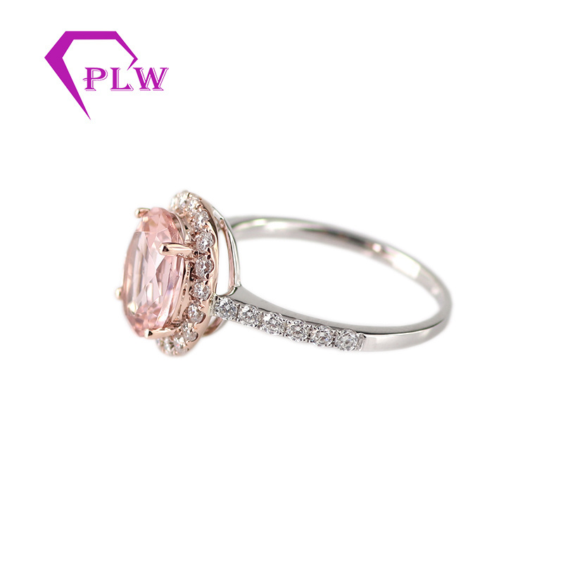 Provence gems 14k rose gold and white gold 7x9mm oval morganite halo ring with moissanite accents stones on band