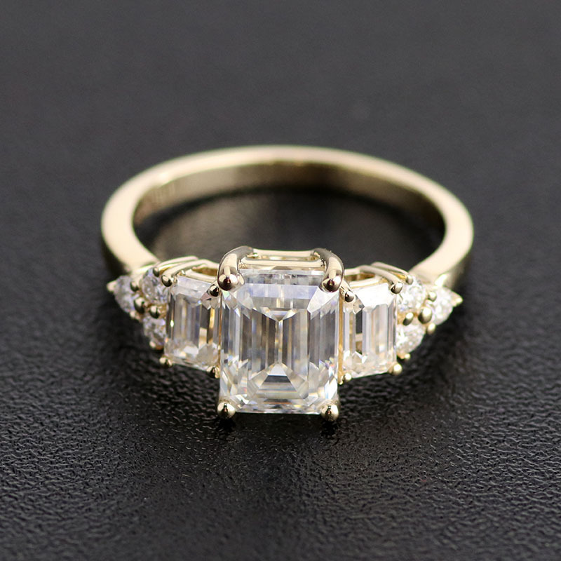 Provence Gem Customized 14k yellow gold ring 6*8mm emerald cut moissanite engagement step ring