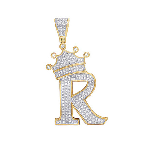 Modern  trendy genuine 10k yellow gold crown letter R pendant with moissanite diamond