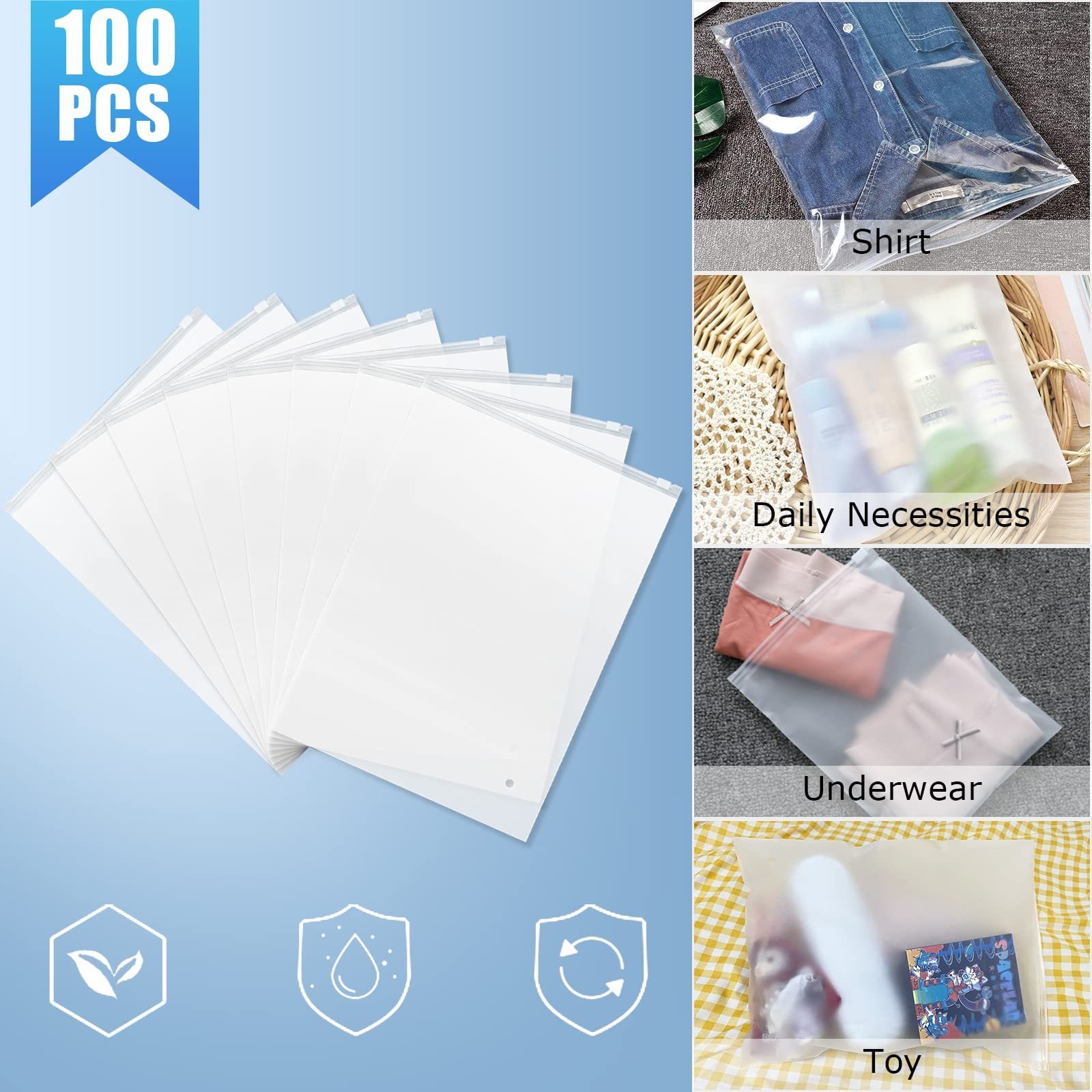 Hot Selling Eco Friendly Zipper Resealable Short Sleeve Clothes Towel Storage Packaging Frosted Plastic Ziplock Bag