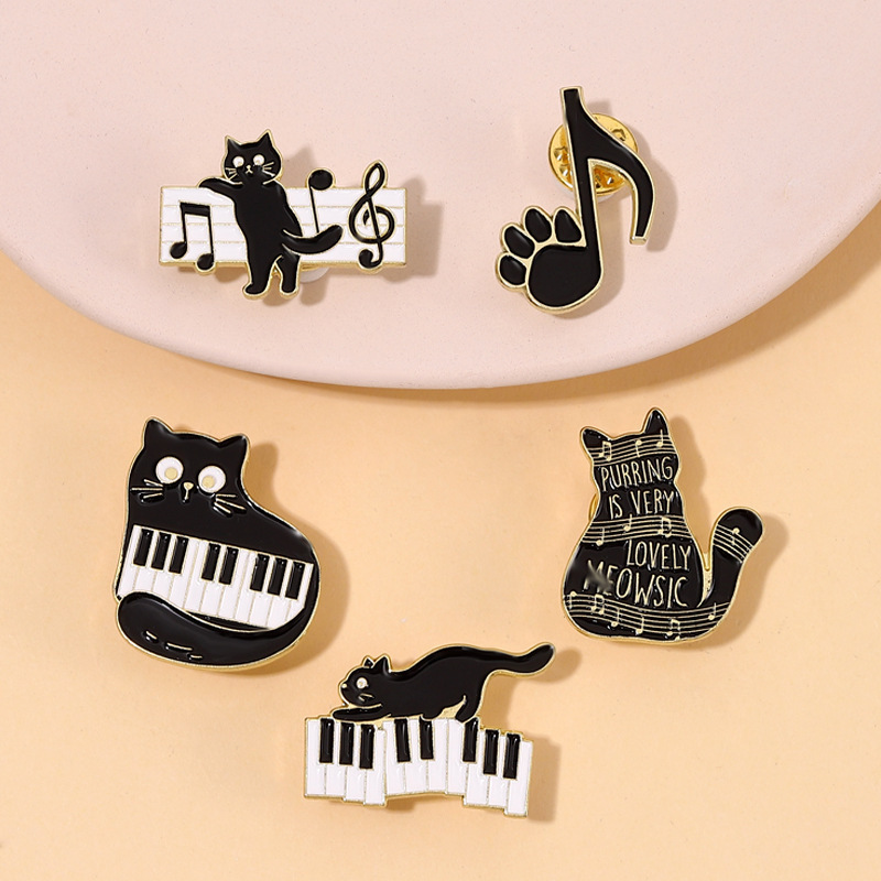 Music cartoon lovely black cat piano note zinc metal crafts decorative cute enamel pins