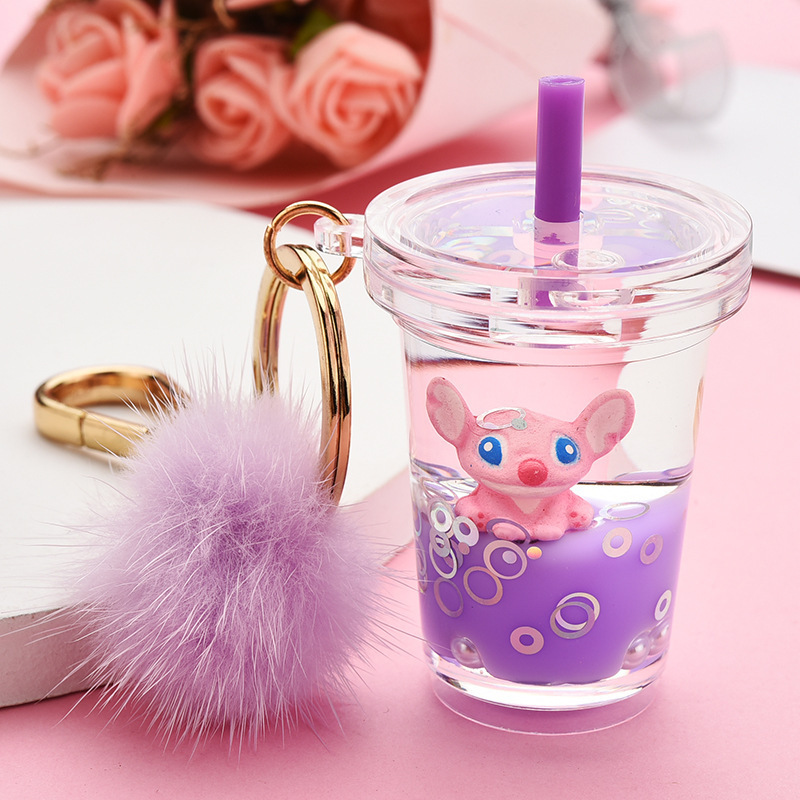 Acrylic Quicksand Keychain Pendant Milk Tea Cup Stitch Liquid Keychain  Pompom Keychain