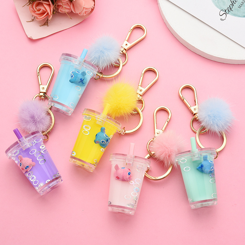 Acrylic Quicksand Keychain Pendant Milk Tea Cup Stitch Liquid Keychain  Pompom Keychain