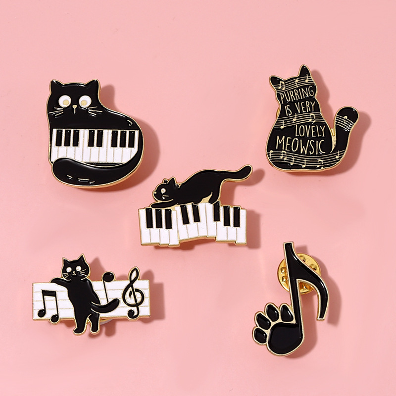 Music cartoon lovely black cat piano note zinc metal crafts decorative cute enamel pins