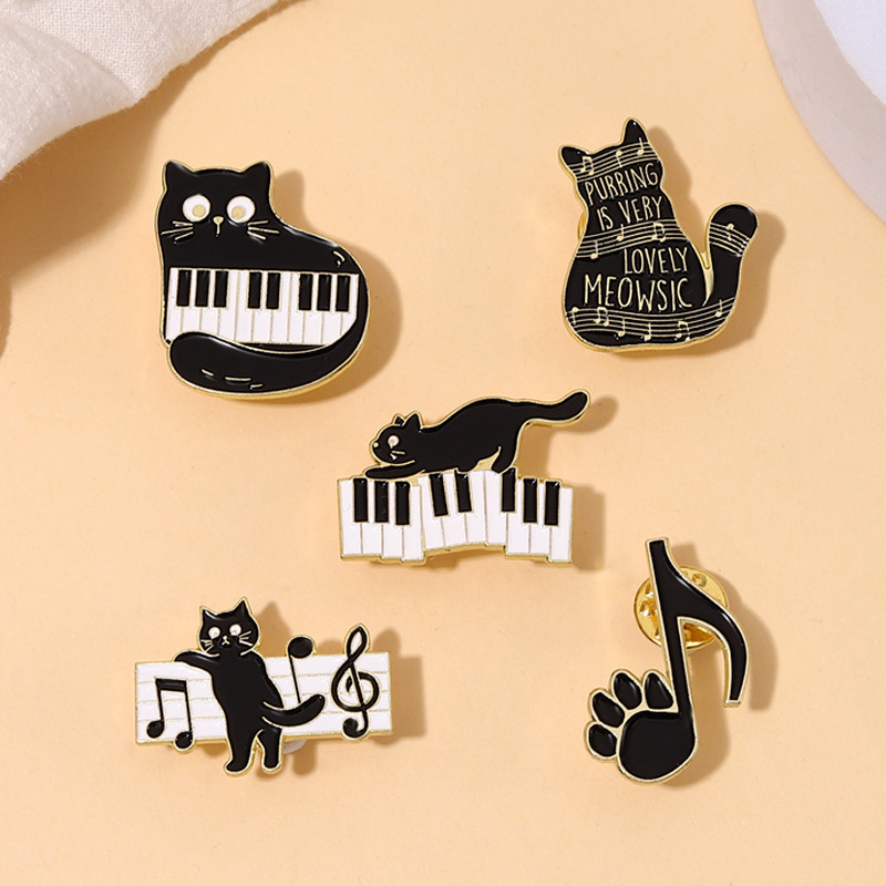 Music cartoon lovely black cat piano note zinc metal crafts decorative cute enamel pins