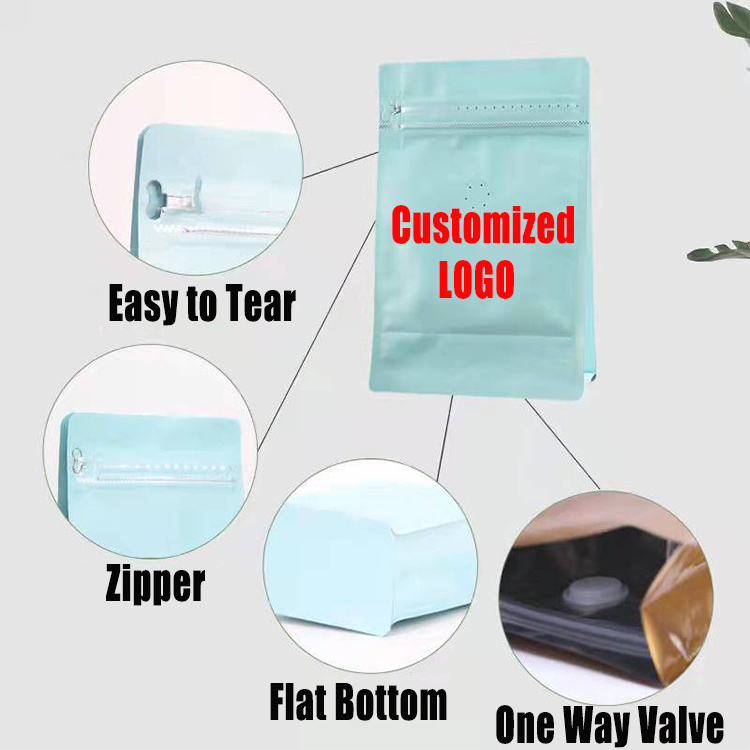 Custom Pla Biodegradable Aluminum Foil 125g 250g 500g 1kg Packaging Flat Bottom Plastic Coffee Bean Bags with Valve and Zipper