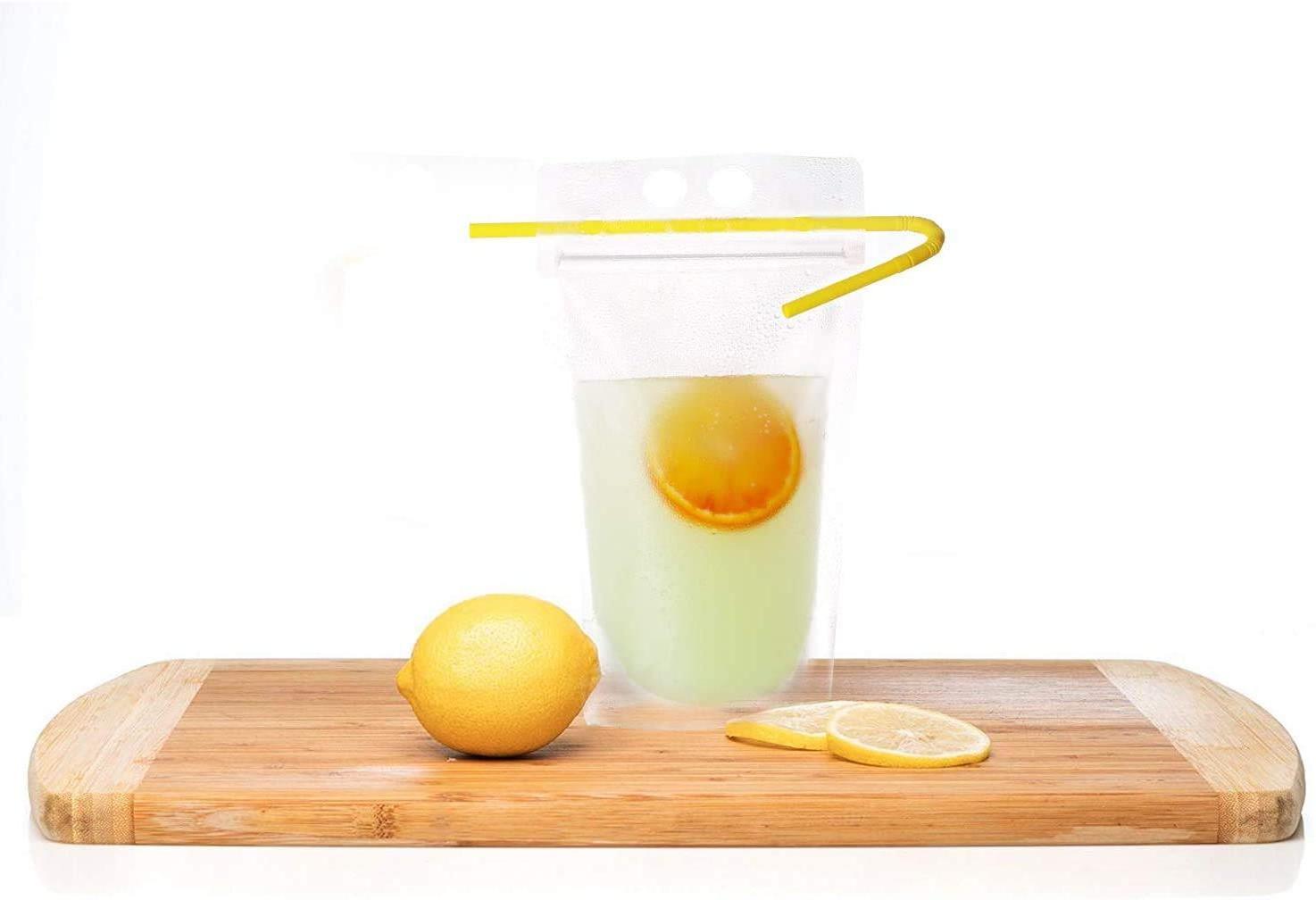 Heavy Duty Hand-Held Translucent Reusable Juice Drink Pouches with Straws