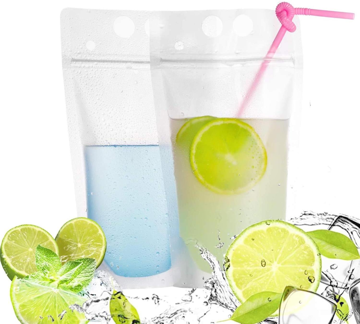 Heavy Duty Hand-Held Translucent Reusable Juice Drink Pouches with Straws