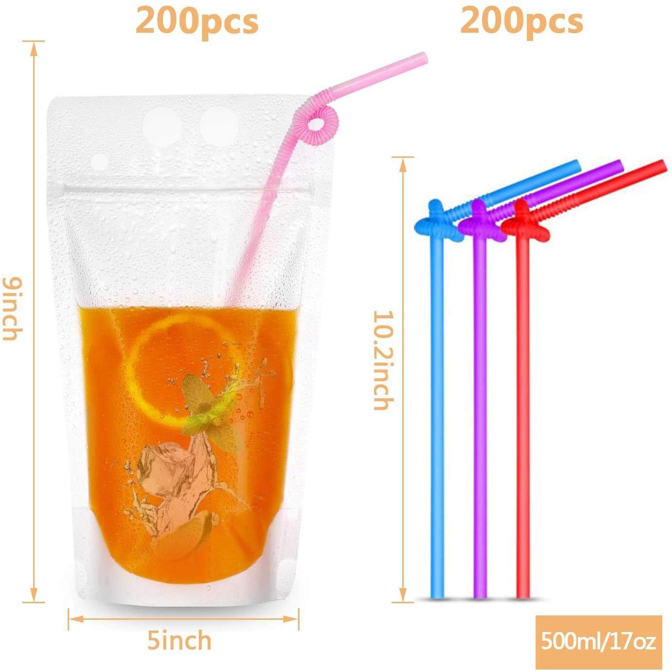 Heavy Duty Hand-Held Translucent Reusable Juice Drink Pouches with Straws