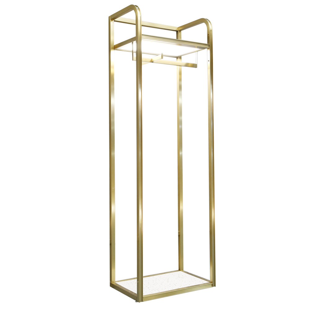 Clothing Shop Corner Clothes Rack with LED Lighting Clothes Shopfitting Gold Metal Corner Clothing Stand