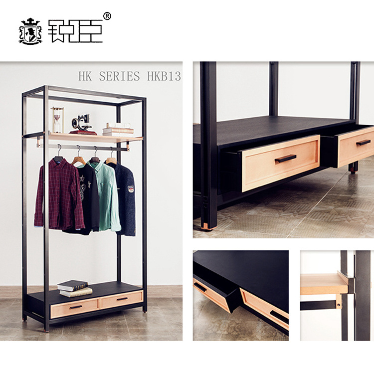 Retail Store Clothing Garment Shop Interior Design Metal Full Assemble Shelf Fixtures Clothes Hanging Display Rack With Drawers