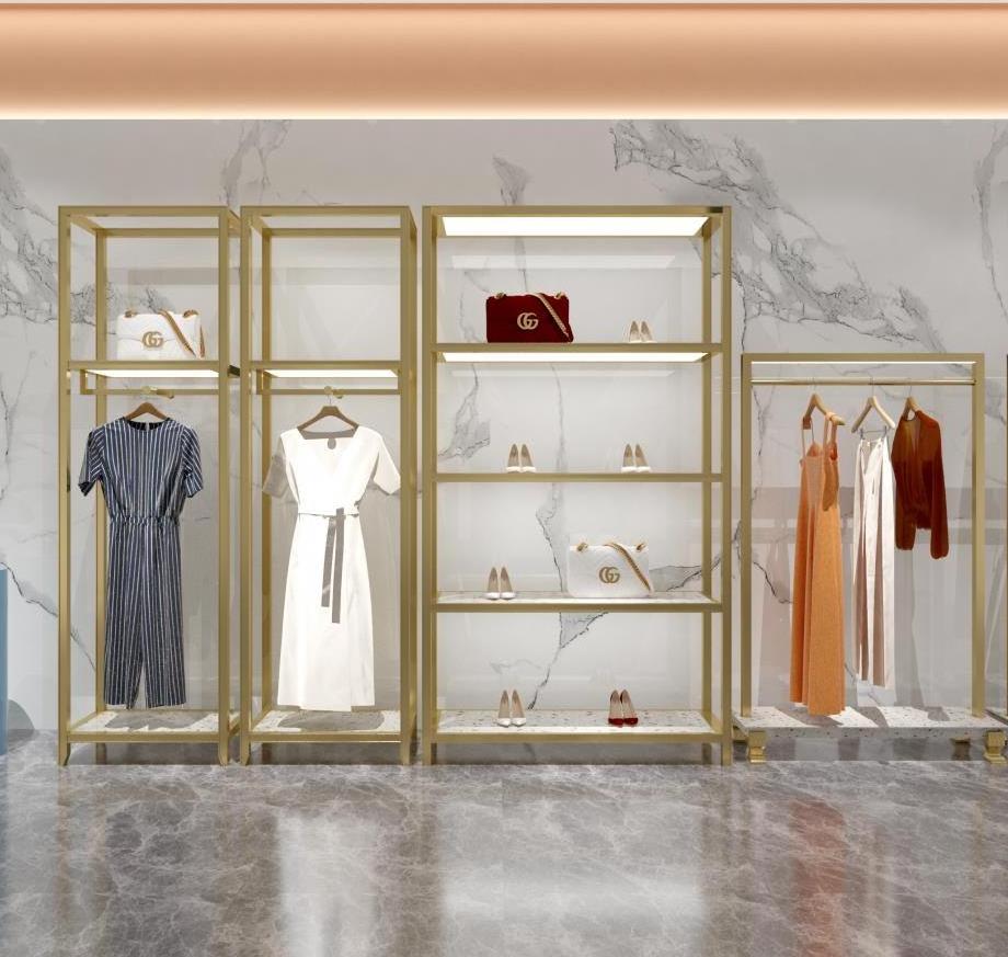 Shop Design Ideas for Clothing Retail Display Rack Clothes Stand Clothing Rail with LED Light Luxury Store Fixtures