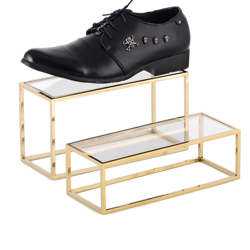 Metal Stainless Steel Gold Cube Display Stand Acrylic Leather Shoes Riser High heel Display Case For Display Shoes