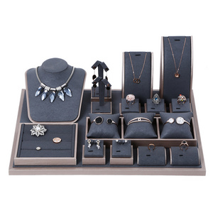 Luxury Gray Earring Holder Stand Necklace suede Tray set jewelry display