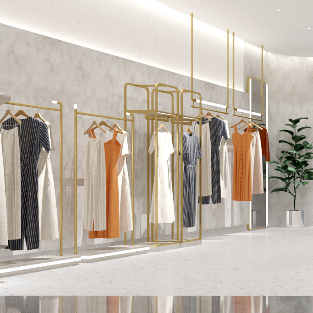 Shop Design Ideas for Clothing Retail Display Rack Clothes Stand Clothing Rail with LED Light Luxury Store Fixtures