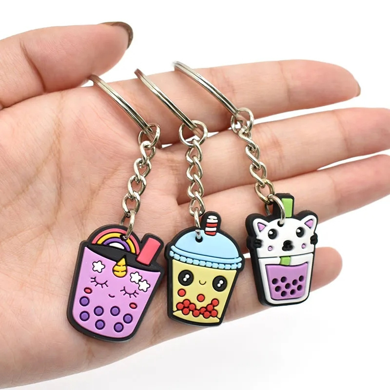 Kawaii PVC Boba Tea Keychains Mini Milk Bottle Pendant Cartoon Cute Keyrings key chains wholesale