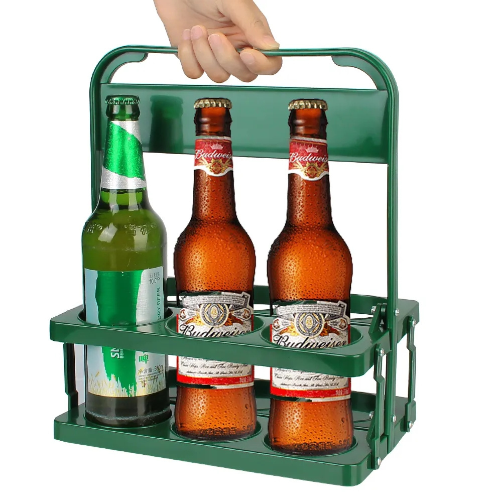 Custom Logo Reusable Foldable Beer Bottle Carrier Bar Beverage Display Basket Drink Caddy Holder 6 Pack Wine Rack