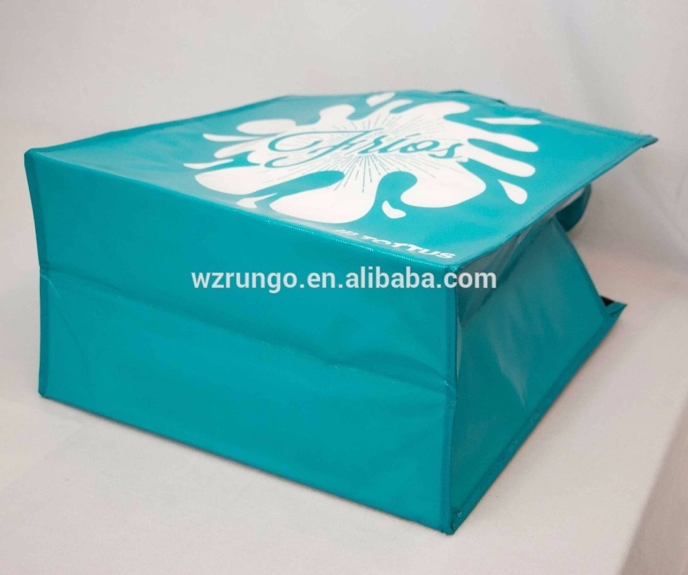 Laminated pp thermal bag Blue Non Woven Big Laminated Lunch Cooler Bag with MAGIC TAPE closure.