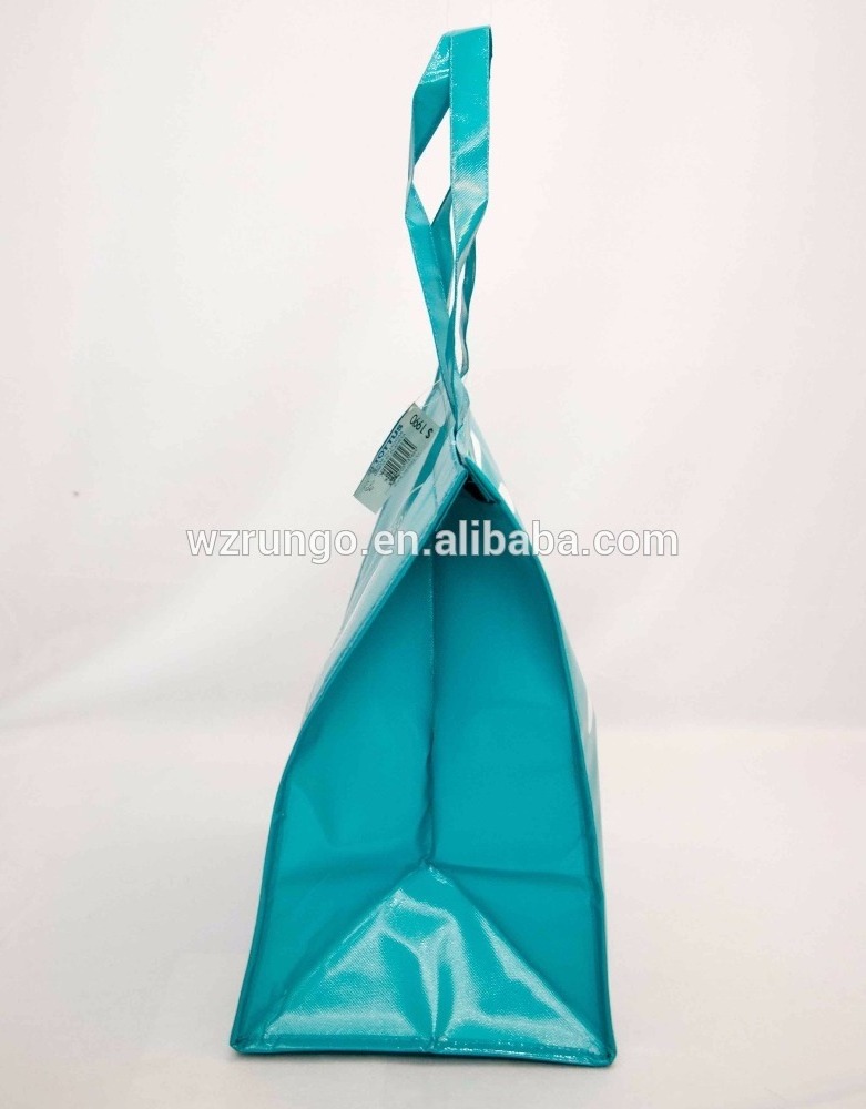 Laminated pp thermal bag Blue Non Woven Big Laminated Lunch Cooler Bag with MAGIC TAPE closure.