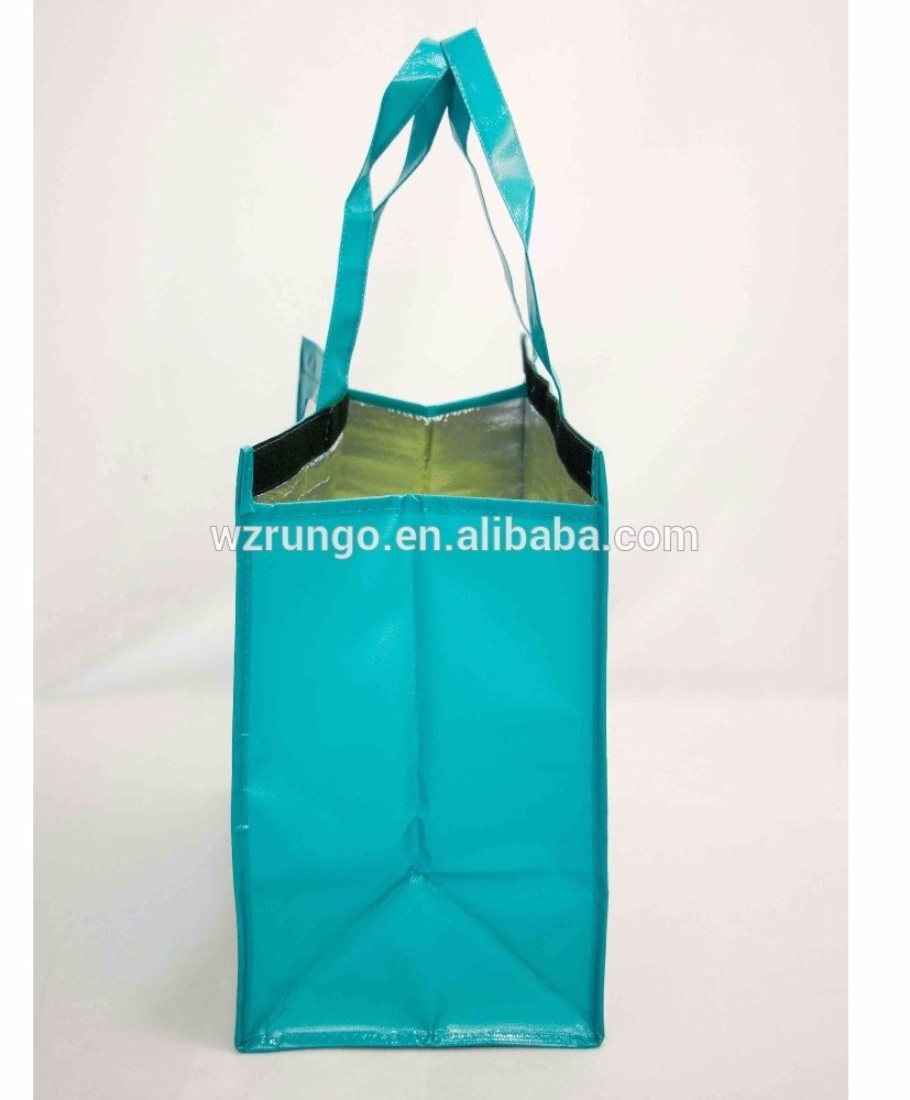 Laminated pp thermal bag Blue Non Woven Big Laminated Lunch Cooler Bag with MAGIC TAPE closure.