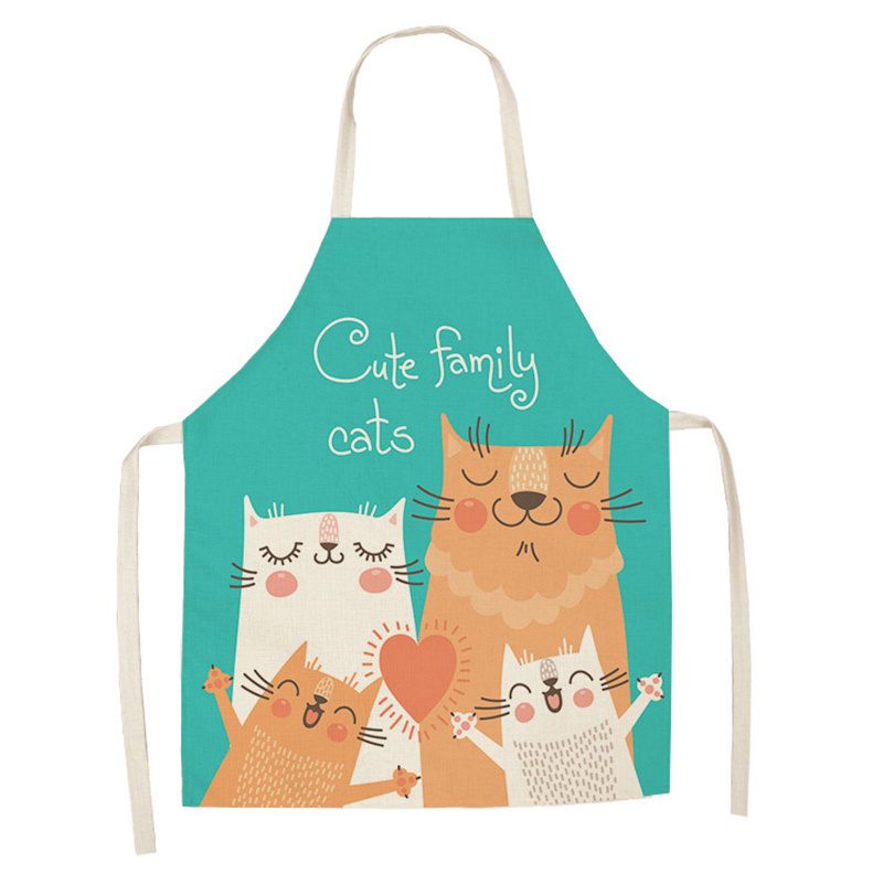 Hot Selling Kitchen Apron Cute Cartoon Cat Printed Logo Sleeveless Cotton Linen Aprons For Men Women Home Cleaning Tools