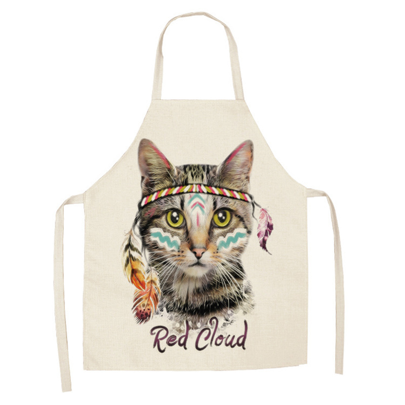 Hot Selling Kitchen Apron Cute Cartoon Cat Printed Logo Sleeveless Cotton Linen Aprons For Men Women Home Cleaning Tools