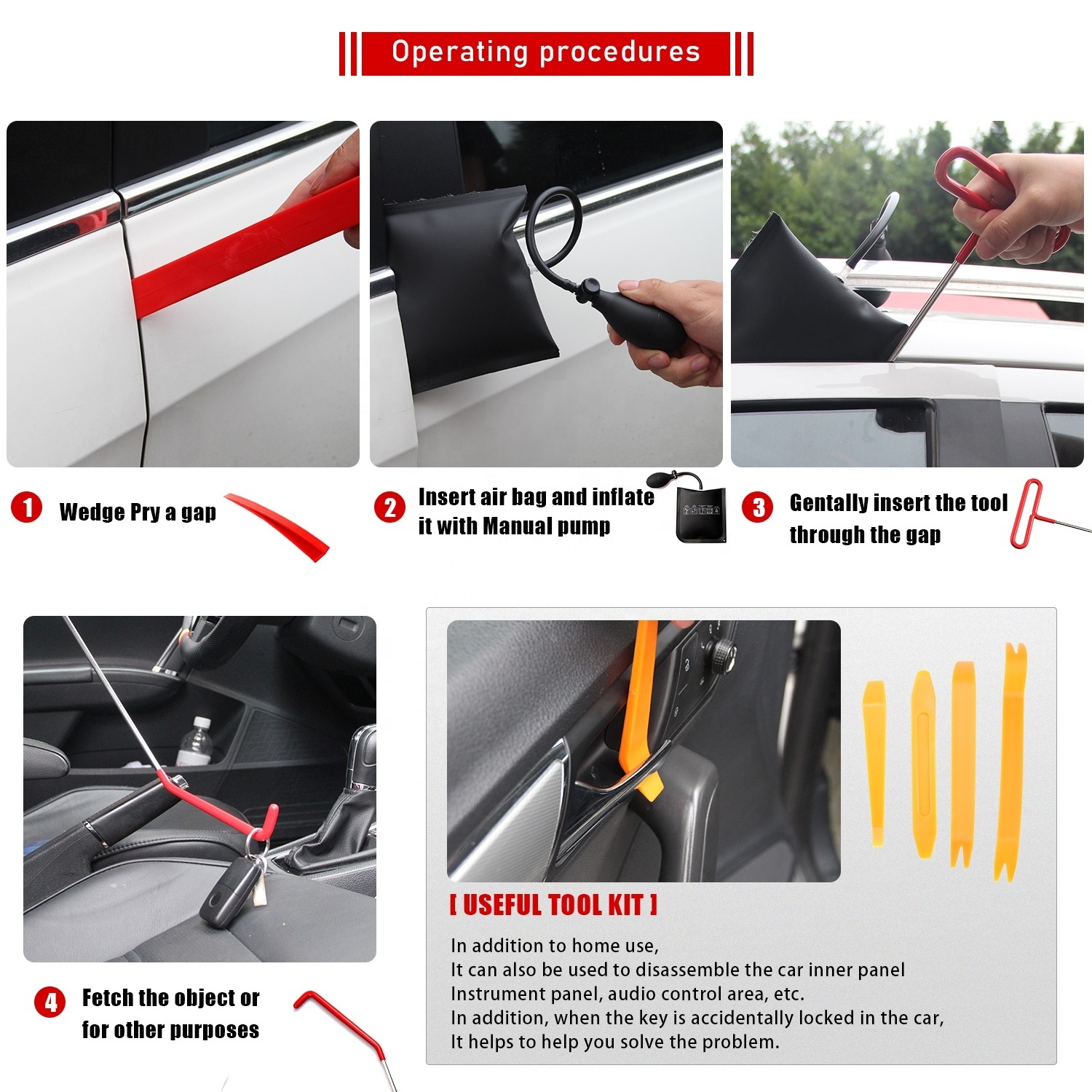 Amazon hot selling 13pcs car opening tool kit  Door Unlocking Pick Lock Set Car Lockout Kit With Long Reach Grabber Air Wedge