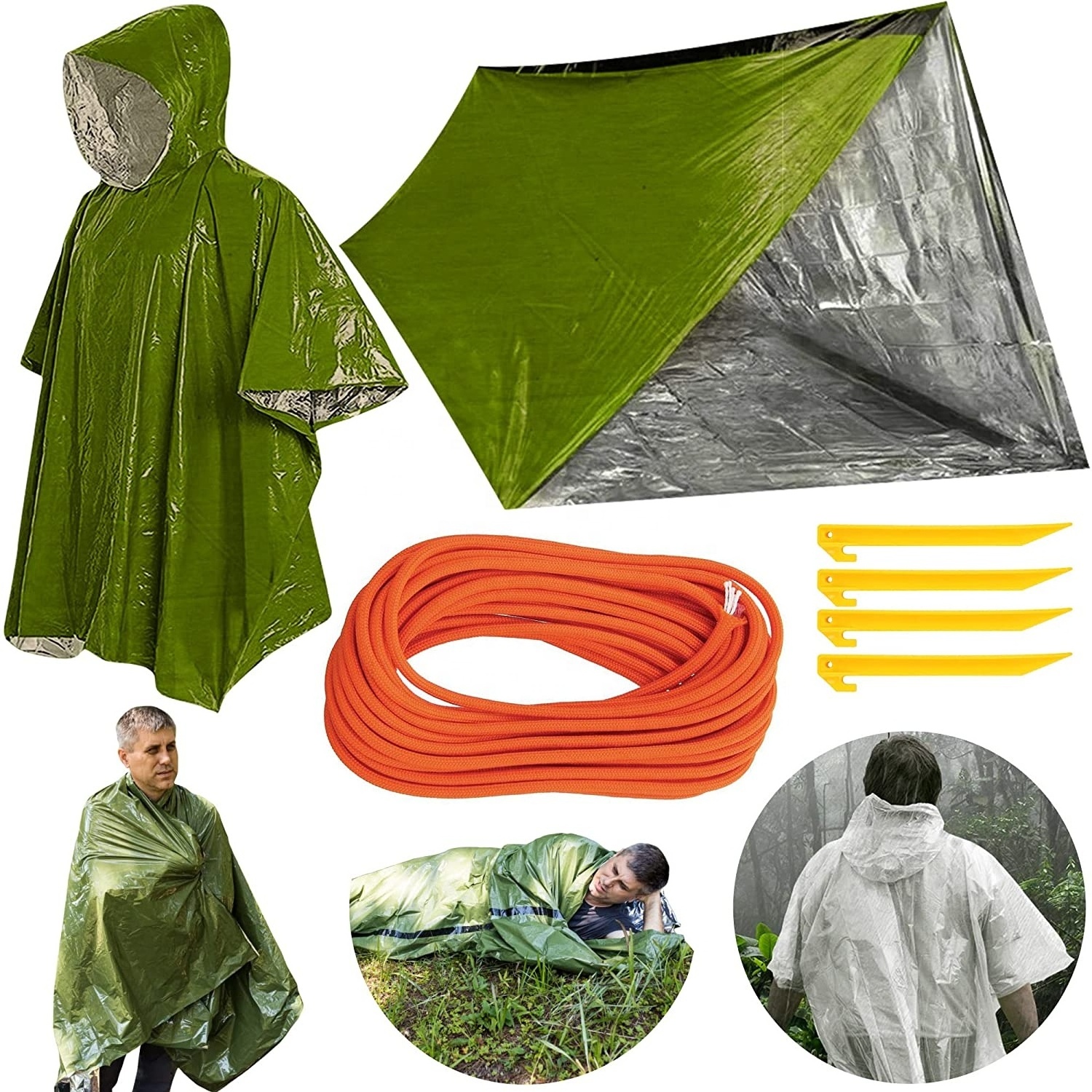 Emergency Survival Shelter Kit  with Emergency Tent  Sleeping Bag Blanket Poncho for outdoor camping