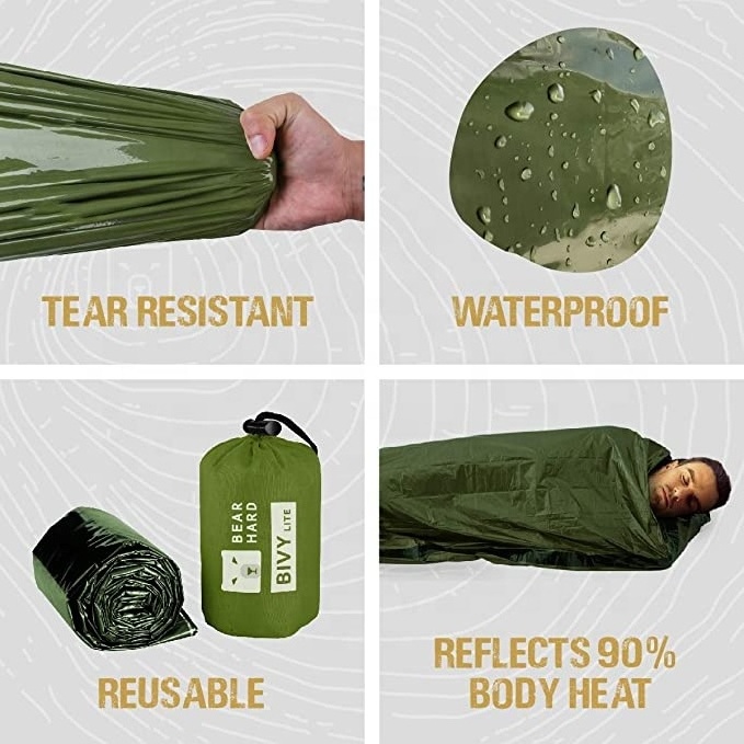 PE  Green color Waterproof Lightweight Emergency Sleeping Bag for Camping Hiking Outdoor Adventure Activities