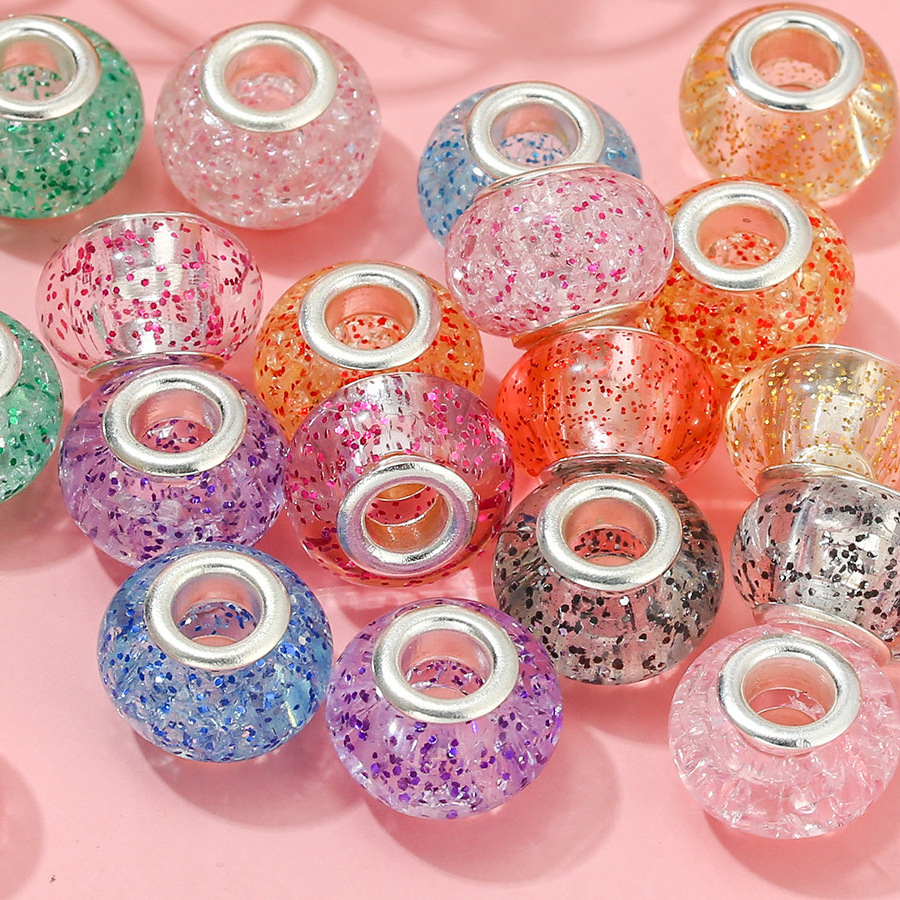 SOJI Factory Price 14mm Resin Charms Loose Beads Embedded glitter Mixed Color 5mm Big Hole European Beads For Jewelry Making