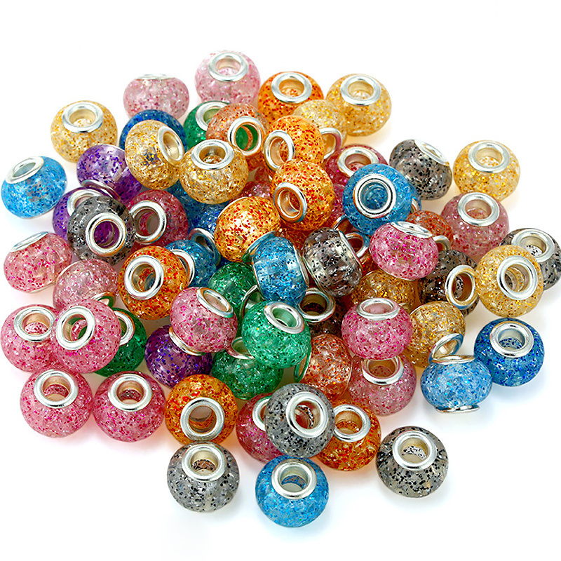 SOJI Factory Price 14mm Resin Charms Loose Beads Embedded glitter Mixed Color 5mm Big Hole European Beads For Jewelry Making