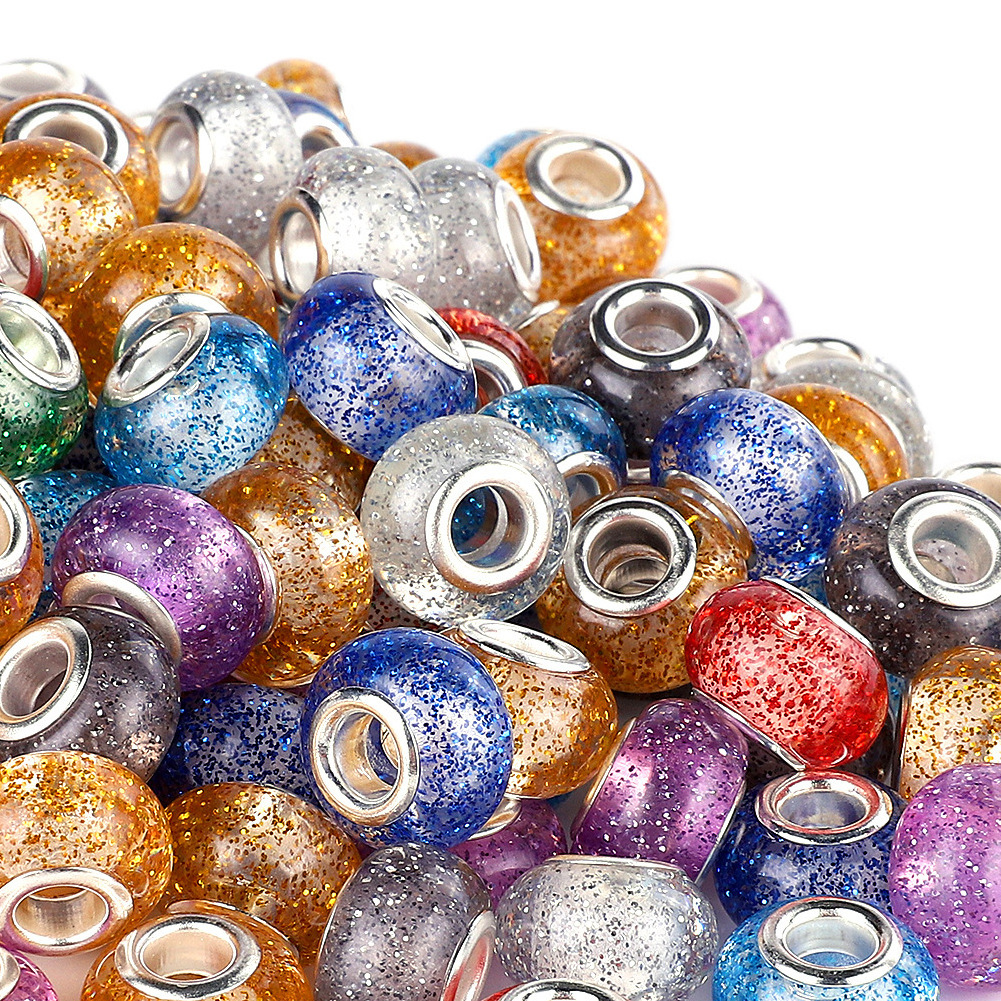 SOJI Factory Price 14mm Resin Charms Loose Beads Embedded glitter Mixed Color 5mm Big Hole European Beads For Jewelry Making