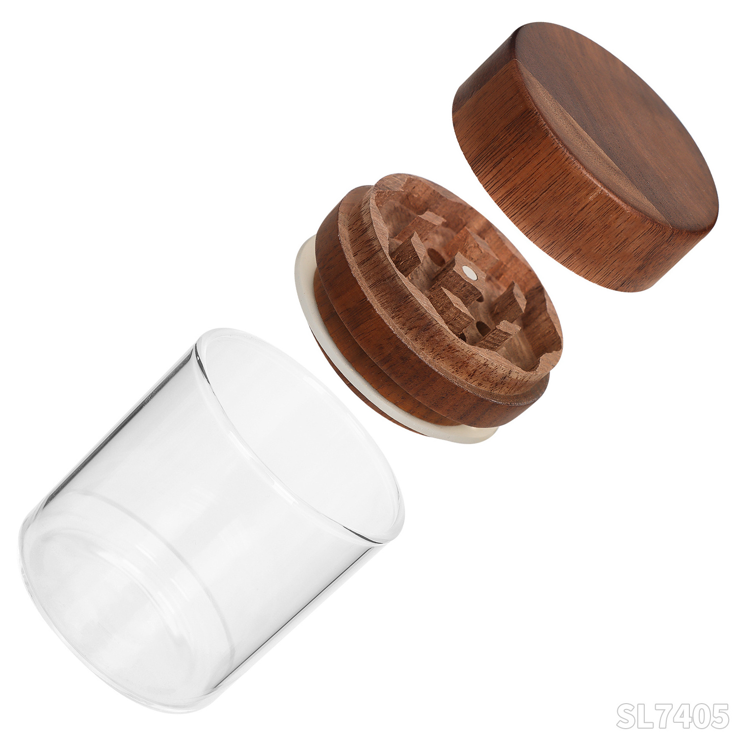 55mm Three-Layer Walnut Wood Material Herb Grinder With Glass Storage Tank