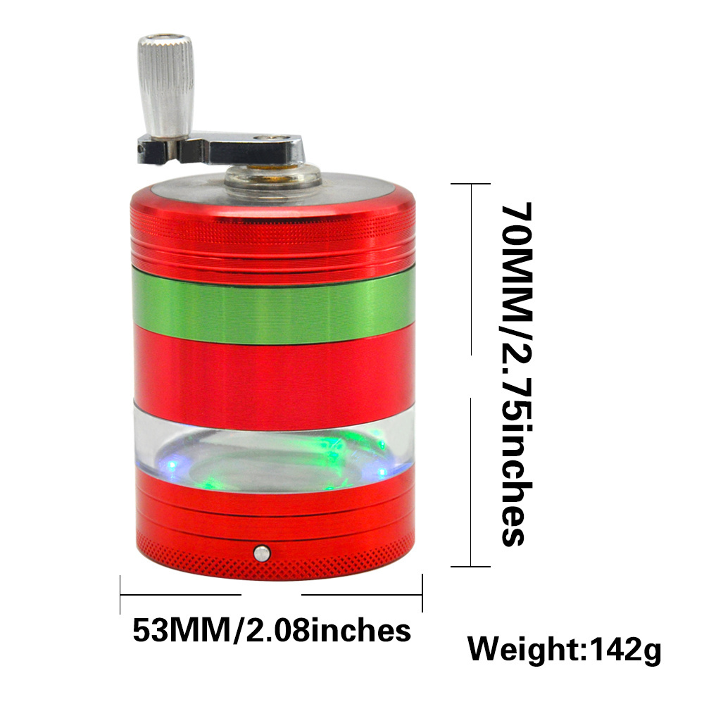 Aluminum alloy 63mm 5 parts hand crank herb grinder grinder with LED light  herb crusher smoking accessories