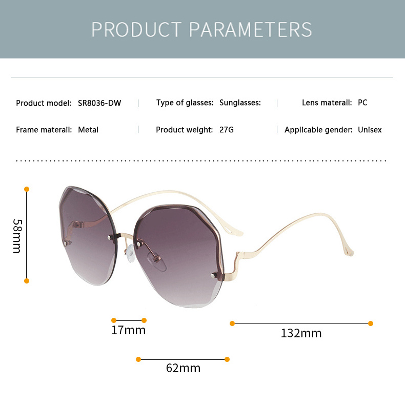 China Luxury New Metal Rimless Rimmed Lady Sun Glasses Lentes de sol Shades Eyewear Custom Designer Unisex Sunglasses