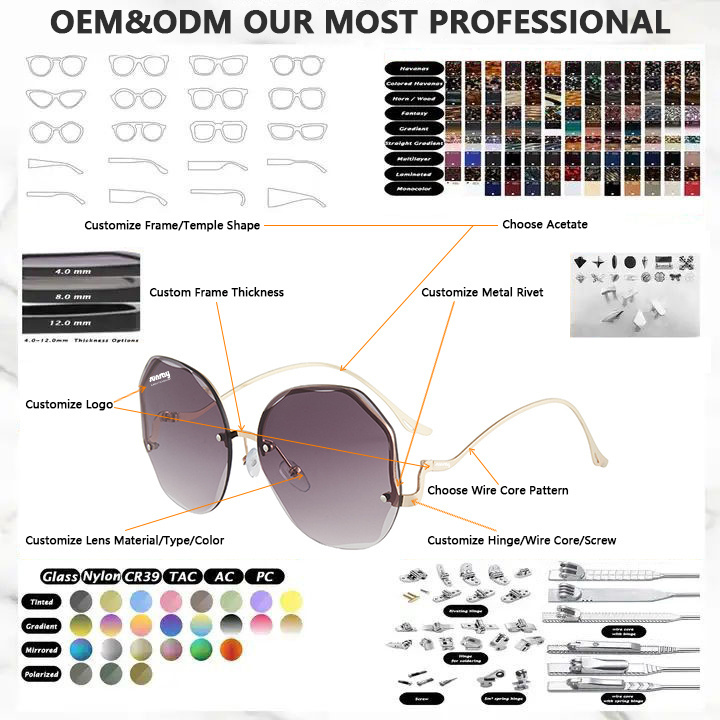 China Luxury New Metal Rimless Rimmed Lady Sun Glasses Lentes de sol Shades Eyewear Custom Designer Unisex Sunglasses