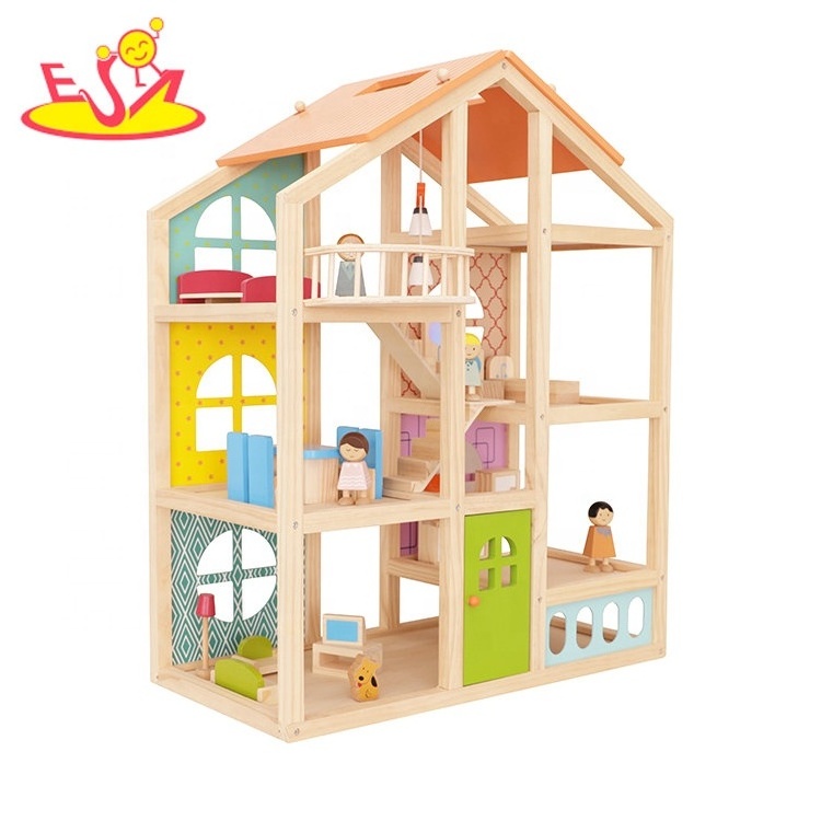 Hot Selling Pretend Play 3 Floors Miniature Wooden Dollhouse For Kids W06A573