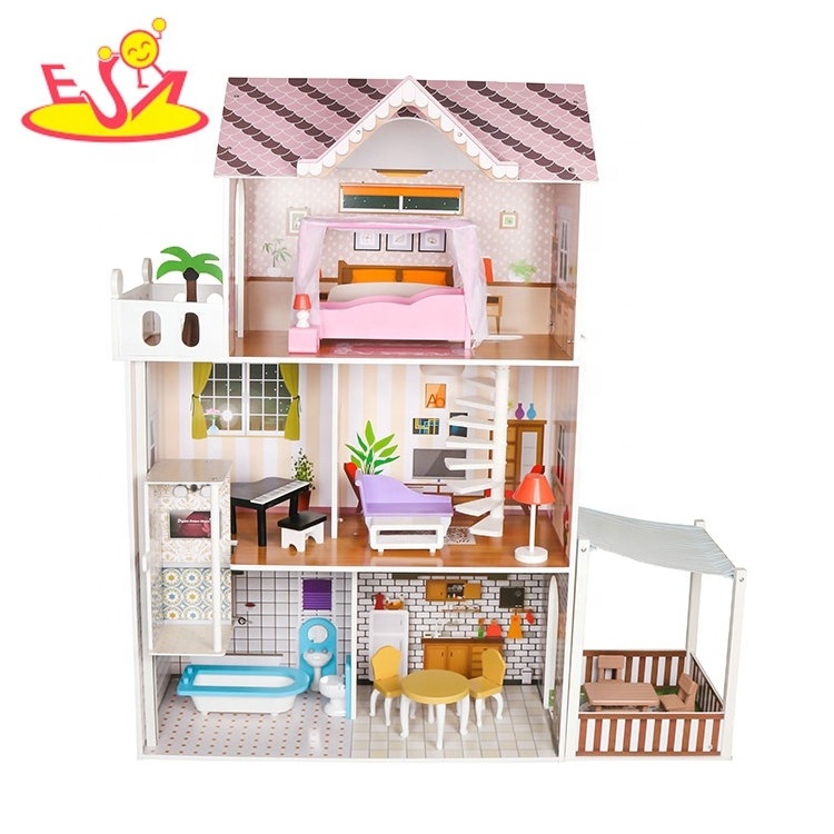 Classic girls 3 floors wooden loving family dollhouse with garden W06A412