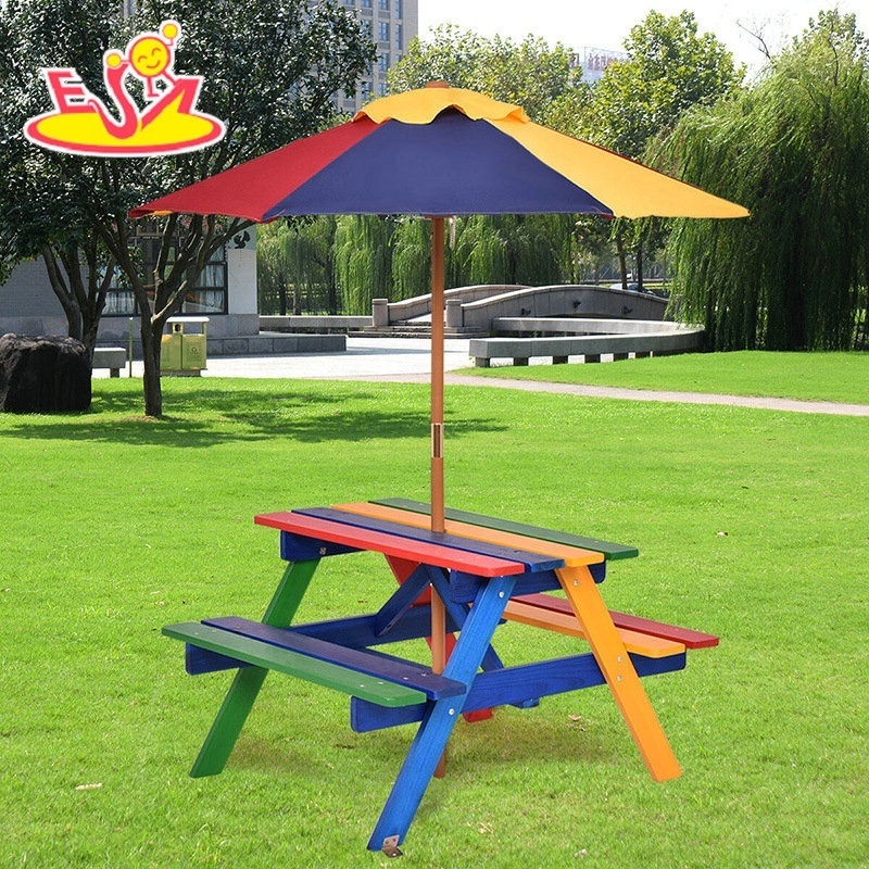 Customize Kids Outdoor Colorful Wooden Picnic Table Bench With Umbrella W01D309