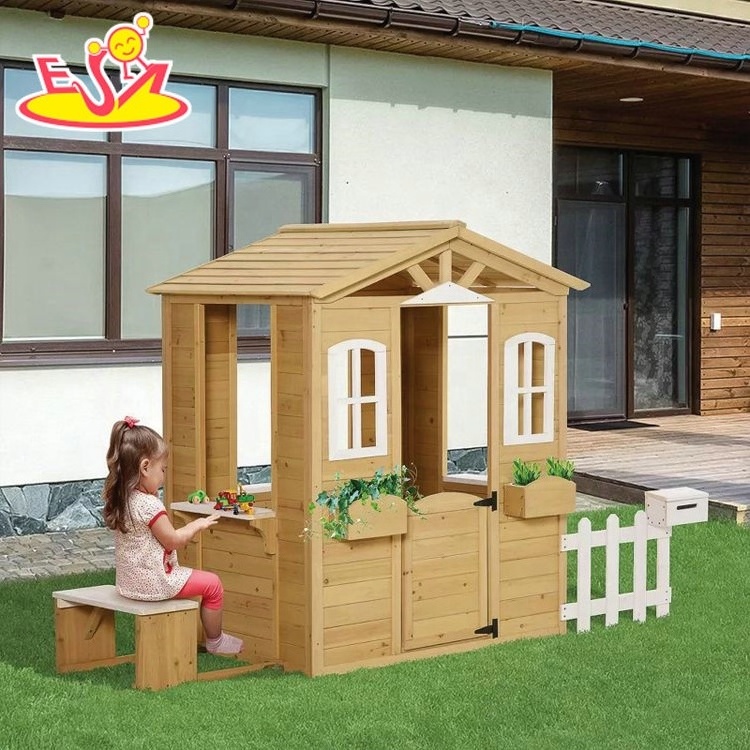 Customize Kids Outdoor Backyard Playhouse Wooden Cubby House With Bench W01D255