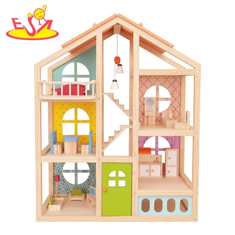 Hot Selling Pretend Play 3 Floors Miniature Wooden Dollhouse For Kids W06A573