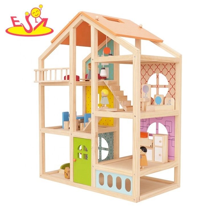 Hot Selling Pretend Play 3 Floors Miniature Wooden Dollhouse For Kids W06A573