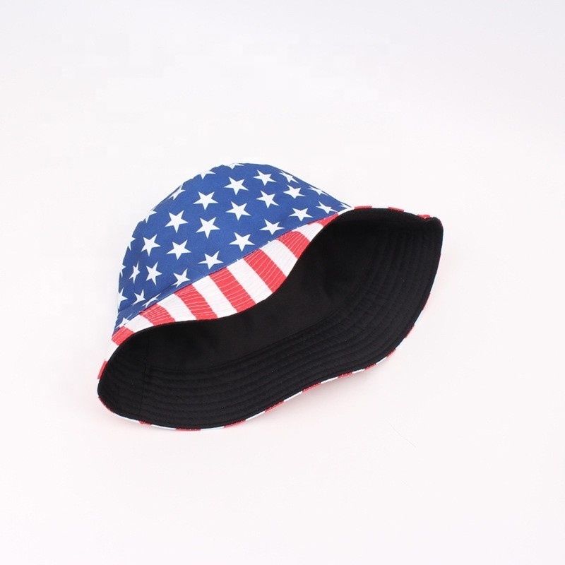 Wholesale Summer Custom Red Blue Color USA American Flag Pattern Fisherman Bucket Hat Cap, soccer fan print hat