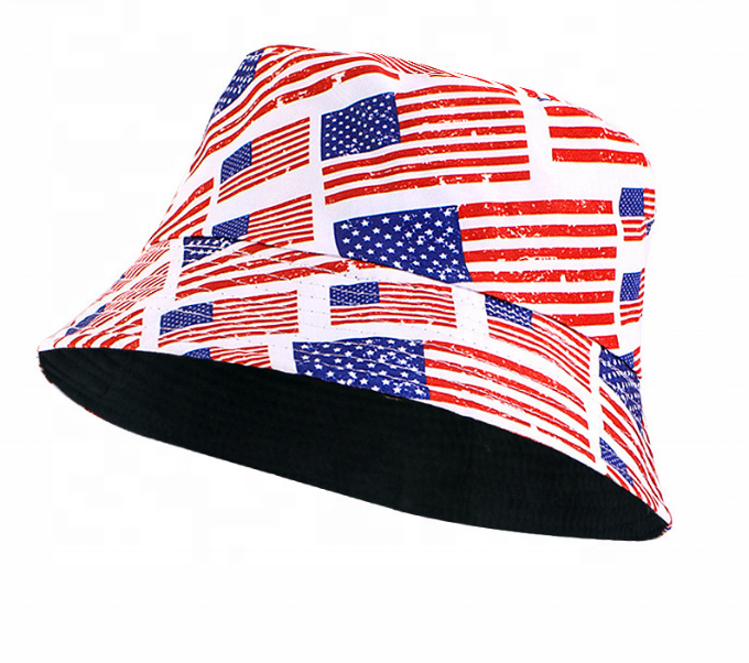 Wholesale Summer Custom Red Blue Color USA American Flag Pattern Fisherman Bucket Hat Cap, soccer fan print hat