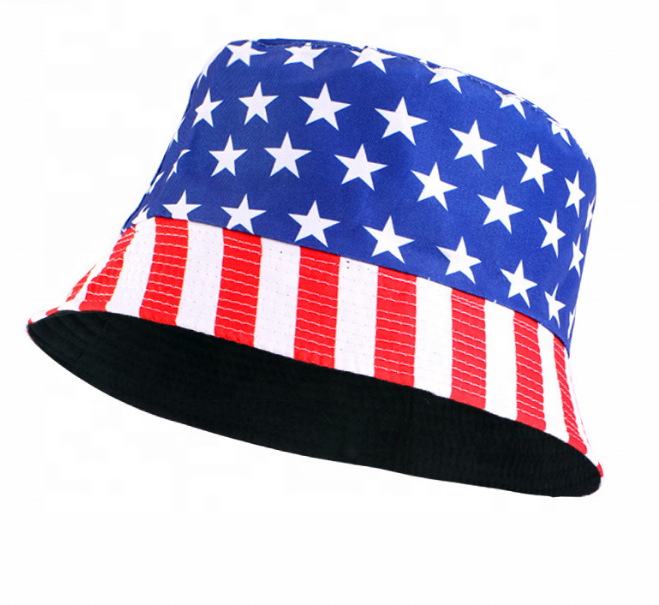 Wholesale Summer Custom Red Blue Color USA American Flag Pattern Fisherman Bucket Hat Cap, soccer fan print hat