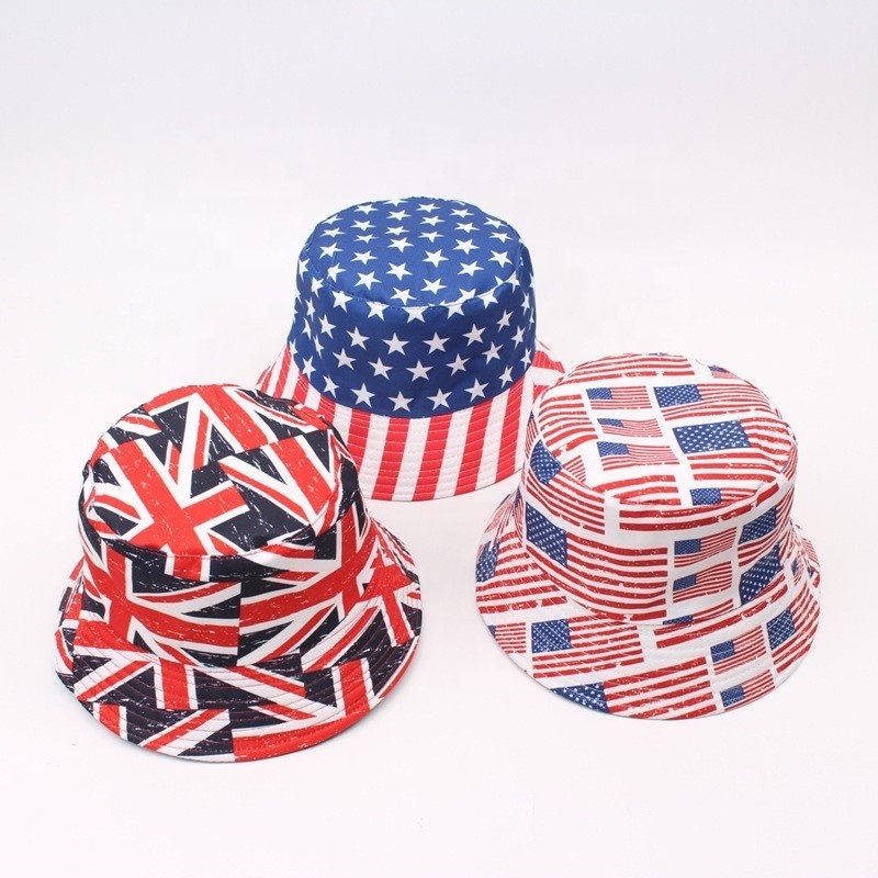 Wholesale Summer Custom Red Blue Color USA American Flag Pattern Fisherman Bucket Hat Cap, soccer fan print hat